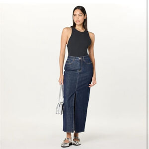 The Drop Women Rylie Maxi Denim Skirt with Front Slit 90s Y2k 2000s Indigo Blue